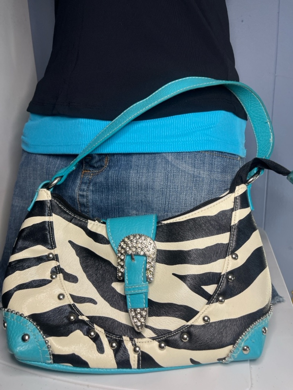 Y2K Animal Print Hobo Bag with Rhinestone Buckle